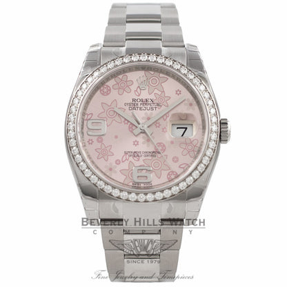Rolex Datejust 36MM 18k White Gold Diamond Bezel Pink Floral Dial 116244 HC5BFD - Beverly Hills Watch Company Watch Store