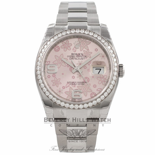 Rolex Datejust 36MM 18k White Gold Diamond Bezel Pink Floral Dial 116244 HC5BFD - Beverly Hills Watch Company Watch Store