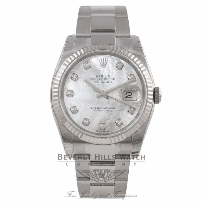 Rolex Datejust 36mm Stainless Steel White Gold Fluted Bezel White Mother Pearl Diamond Dial 116234 24D24N - Beverly Hills Watch Company Watch Store