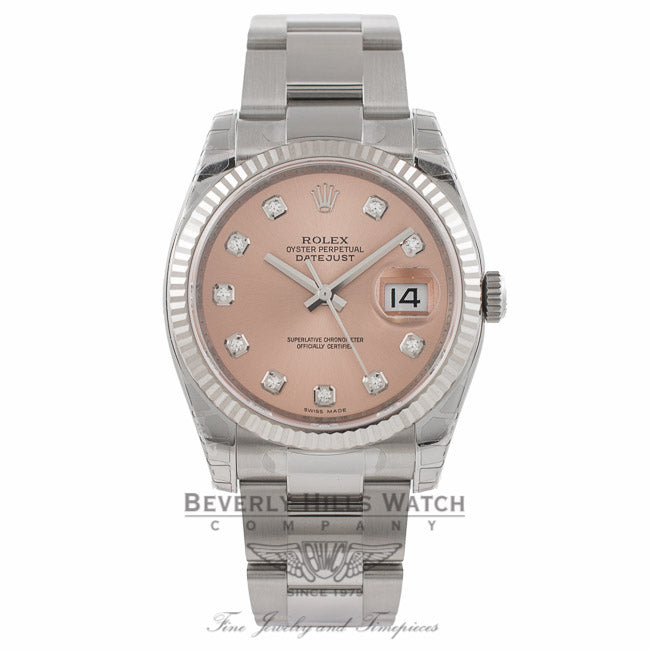 Rolex Datejust 36mm Stainless Steel White Gold Fluted Bezel Pink Diamond Dial 116234 - Beverly Hills Watch Company Watch Store
