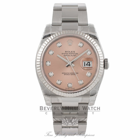 Rolex Datejust 36mm Stainless Steel White Gold Fluted Bezel Pink Diamond Dial 116234 - Beverly Hills Watch Company Watch Store
