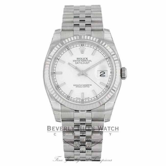 Rolex Datejust 36MM Stainless Steel 18k White Gold Fluted Bezel White Dial Oyster Bracelet 116234 TQ88X6 - Beverly Hills Watch Company