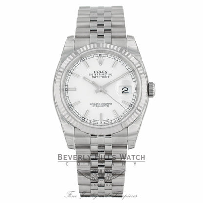 Rolex Datejust 36MM Stainless Steel 18k White Gold Fluted Bezel White Dial Oyster Bracelet 116234 TQ88X6 - Beverly Hills Watch Company
