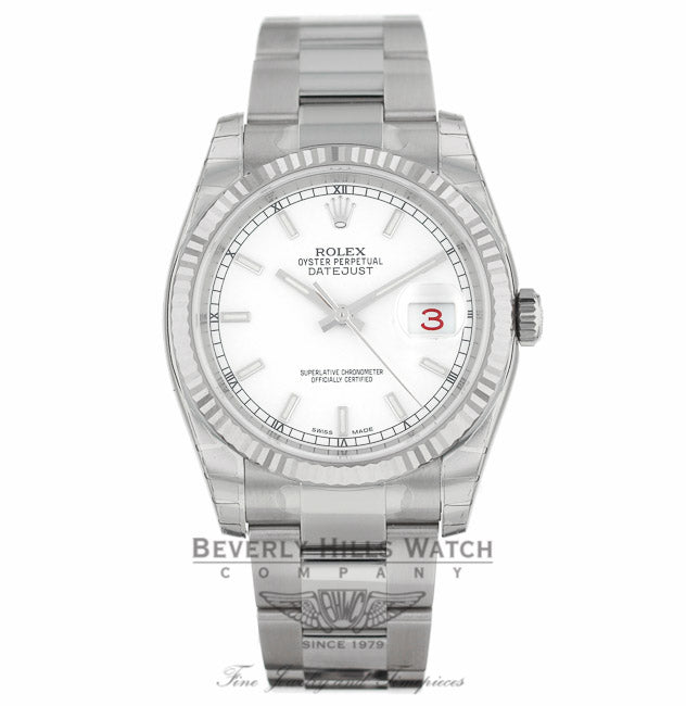 Rolex Datejust 36MM Stainless Steel 18k White Gold Fluted Bezel White Dial Oyster Bracelet 116234 TQ88X6 - Beverly Hills Watch Company