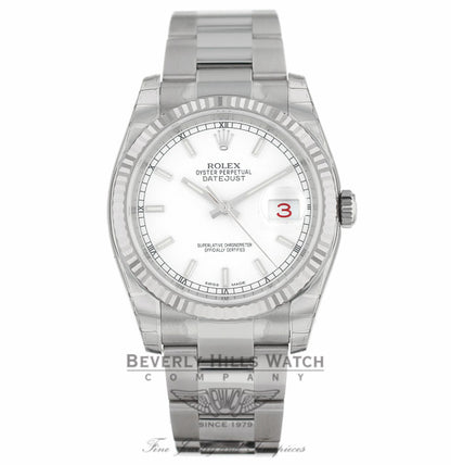 Rolex Datejust 36MM Stainless Steel 18k White Gold Fluted Bezel White Dial Oyster Bracelet 116234 TQ88X6 - Beverly Hills Watch Company