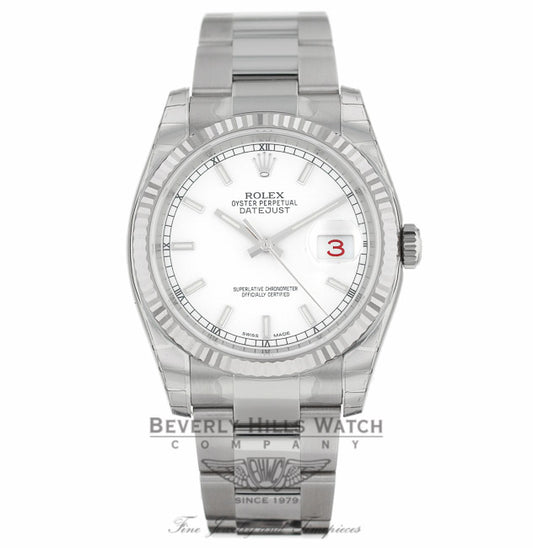 Rolex Datejust 36MM Stainless Steel 18k White Gold Fluted Bezel White Dial Oyster Bracelet 116234 TQ88X6 - Beverly Hills Watch Company