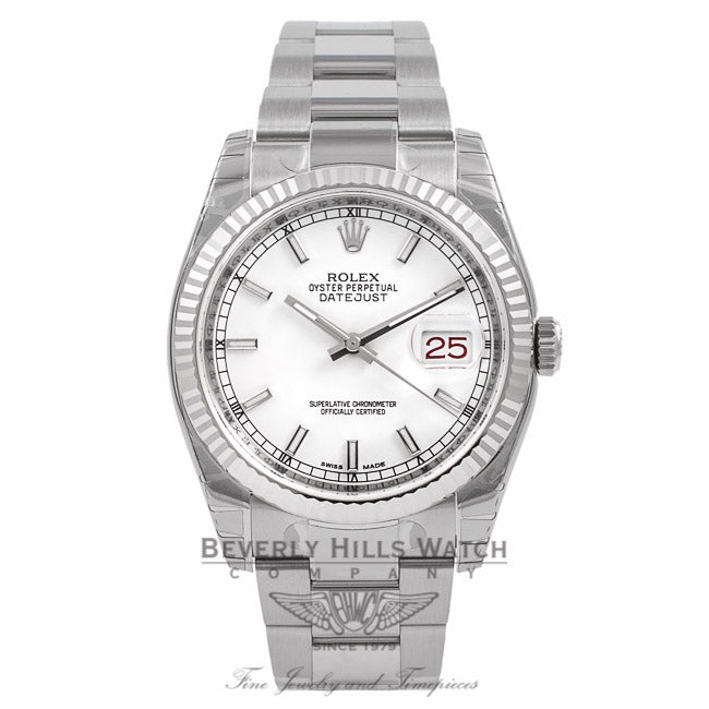 Rolex Datejust 36mm White Gold Fluted Bezel White Dial Watch 116234 KECKII - Beverly Hills Watch Company Watch Store
