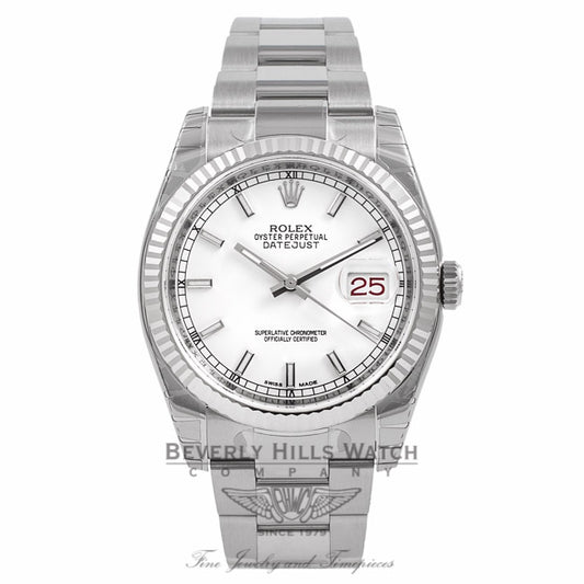 Rolex Datejust 36mm White Gold Fluted Bezel White Dial Watch 116234 KECKII - Beverly Hills Watch Company Watch Store
