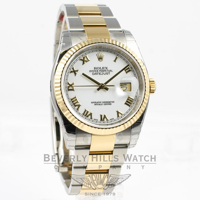 Rolex Datejust Stainless Steel and Yellow Gold Oyster Bracelet Domed Bezel White Roman Dial Automatic Watch 116233 Beverly Hills Watch Company Watches
