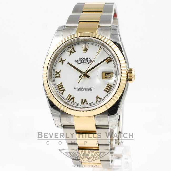 Rolex Datejust Stainless Steel and Yellow Gold Oyster Bracelet Domed Bezel White Roman Dial Automatic Watch 116233 Beverly Hills Watch Company Watches