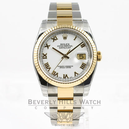 Rolex Datejust Stainless Steel and Yellow Gold Oyster Bracelet Domed Bezel White Roman Dial Automatic Watch 116233 Beverly Hills Watch Company Watches