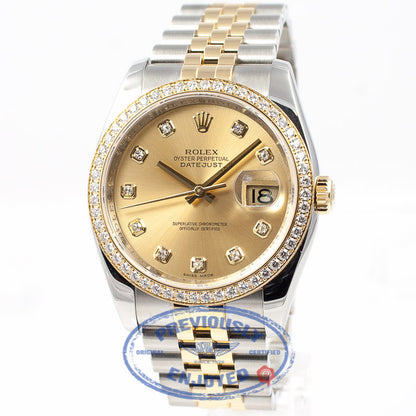 Rolex Datejust 36mm Stainless Steel and Jubille Bracelet Champagne Diamond Dial Full Diamond Bezel Watch 116243