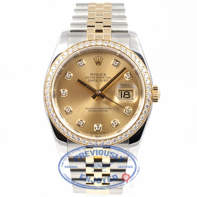 Rolex Datejust 36mm Stainless Steel and Jubille Bracelet Champagne Diamond Dial Full Diamond Bezel Watch 116243