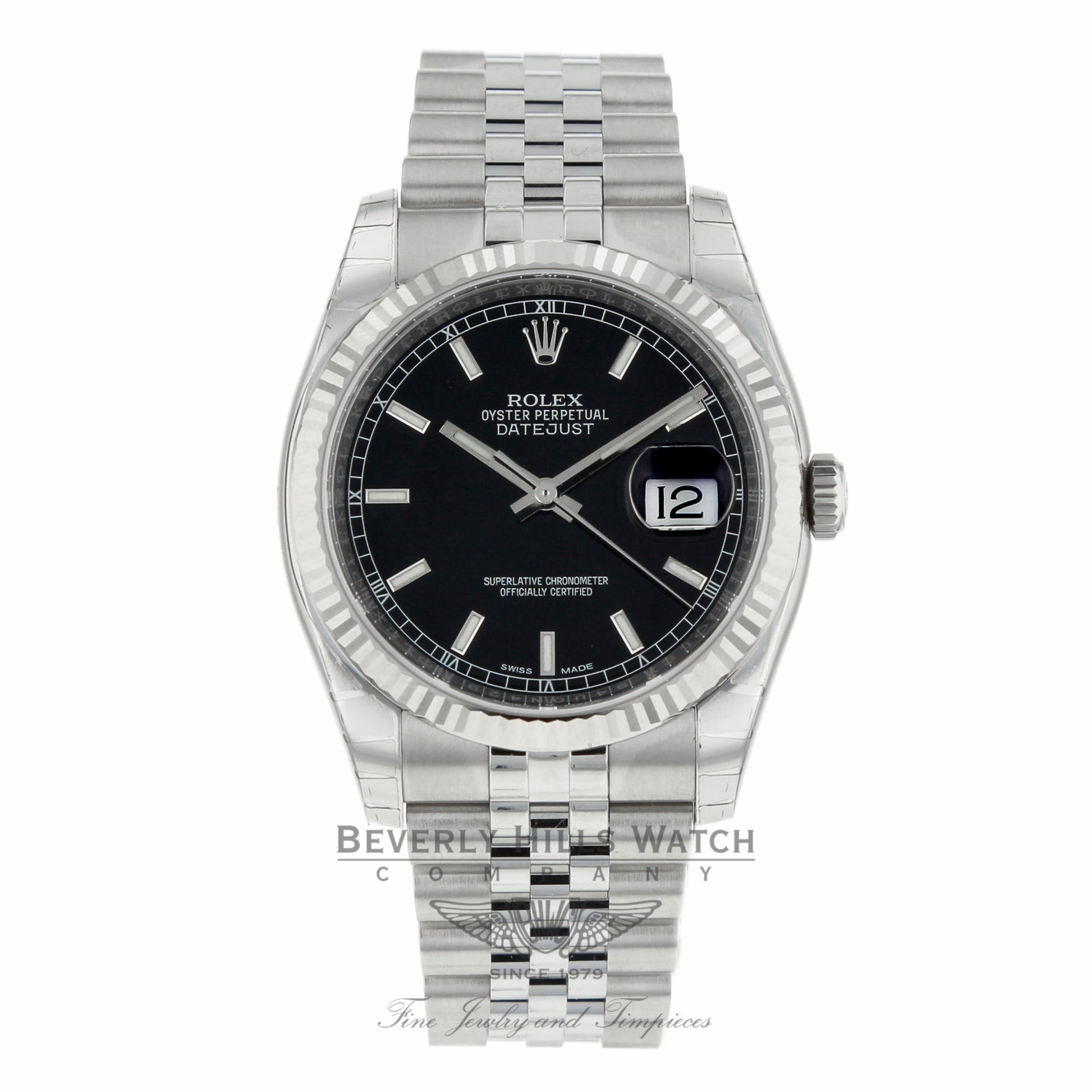 Rolex Datejust 36mm White Gold Fluted Bezel Black Dial Jubilee Bracelet 116234 94QL5W - Beverly Hills Watch Company