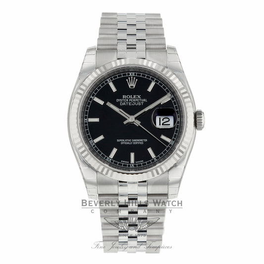 Rolex Datejust 36mm White Gold Fluted Bezel Black Dial Jubilee Bracelet 116234 94QL5W - Beverly Hills Watch Company