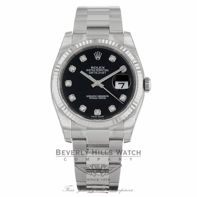 Rolex Datejust 36mm Stainless Steel White Gold Fluted Bezel Black Diamond Dial 116234 7LVAWC - Beverly Hills Watch Company