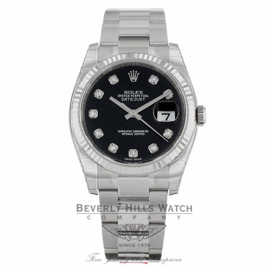 Rolex Datejust 36mm Stainless Steel White Gold Fluted Bezel Black Diamond Dial 116234 7LVAWC - Beverly Hills Watch Company