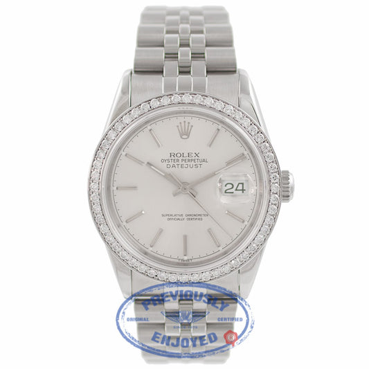 Rolex Datejust 36MM Stainless Steel Custom Diamond Set 18k White Gold Bezel Silver Dial 116244 VLEERR - Beverly Hills Watch Company Watch Store