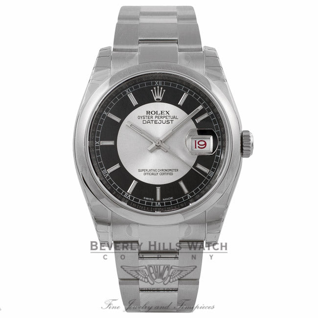 Rolex Datejust 36MM Stainless Steel Domed Bezel Silver and Black Bulls-eye Dial 116200 E90P98 - Beverly Hills Watch Company Watch Store