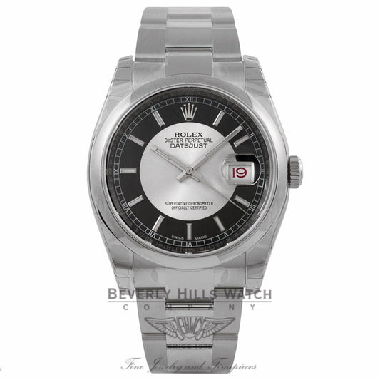 Rolex Datejust 36MM Stainless Steel Domed Bezel Silver and Black Bulls-eye Dial 116200 E90P98 - Beverly Hills Watch Company Watch Store
