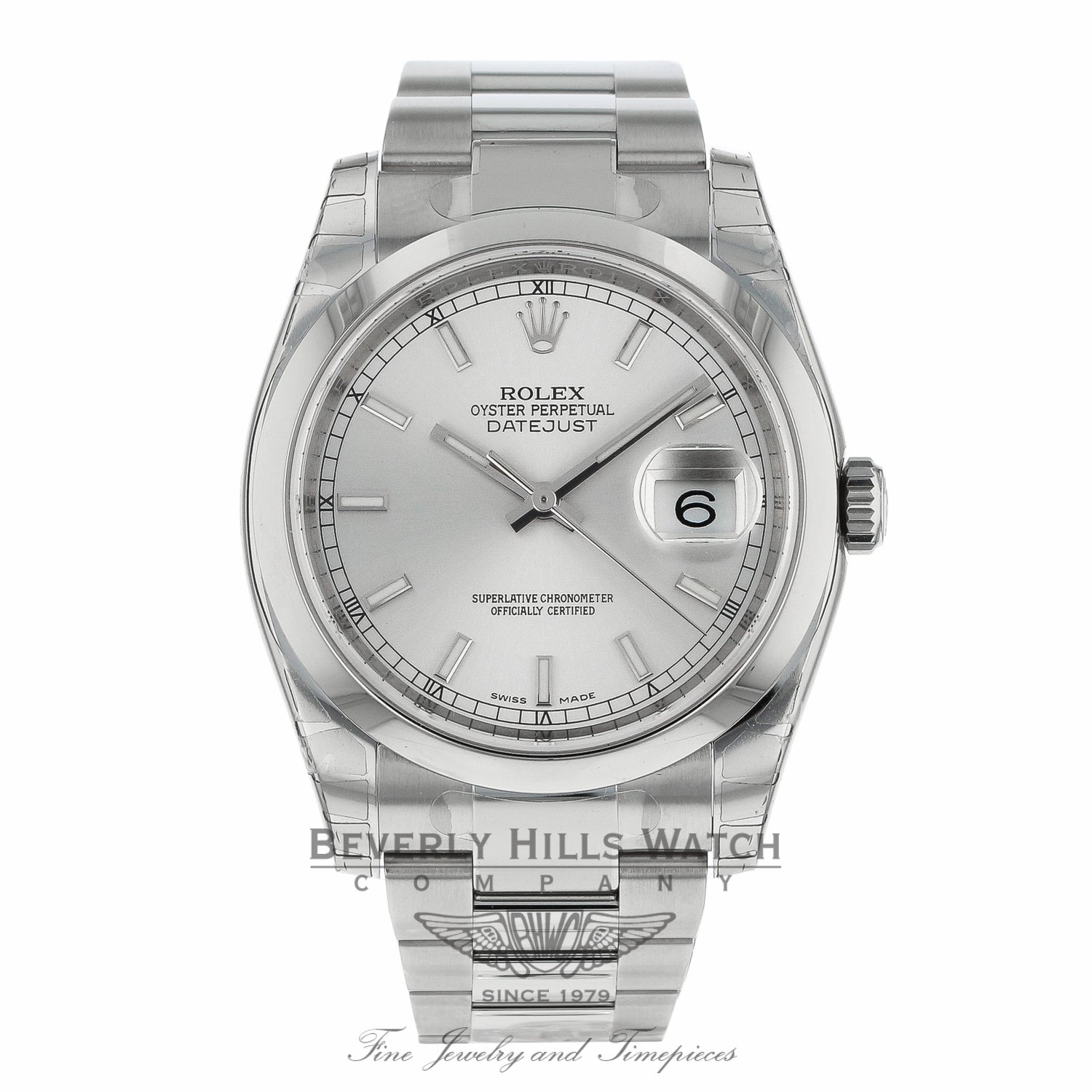 Rolex Datejust Stainless Steel 36mm Oyster Bracelet Domed Bezel Silver Stick Dial 116200 EL5L02 - Beverly Hills Watch Company
