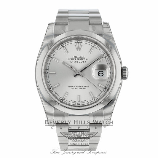 Rolex Datejust Stainless Steel 36mm Oyster Bracelet Domed Bezel Silver Stick Dial 116200 EL5L02 - Beverly Hills Watch Company