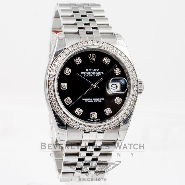Rolex Datejust 36mm Stainless Steel Case Jubilee Bracelet Diamond Bezel Black Diamond Dial Watch 116244 Beverly Hills Watch Company Watch Store