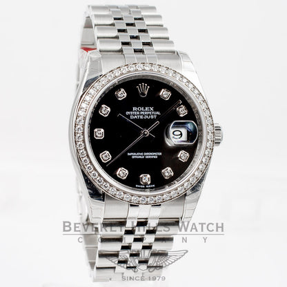 Rolex Datejust 36mm Stainless Steel Case Jubilee Bracelet Diamond Bezel Black Diamond Dial Watch 116244 Beverly Hills Watch Company Watch Store
