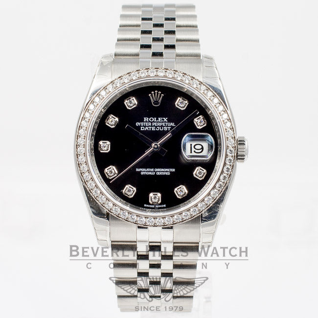 Rolex Datejust 36mm Stainless Steel Case Jubilee Bracelet Diamond Bezel Black Diamond Dial Watch 116244 Beverly Hills Watch Company Watch Store
