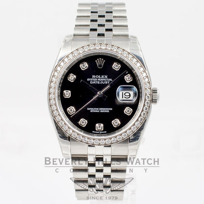 Rolex Datejust 36mm Stainless Steel Case Jubilee Bracelet Diamond Bezel Black Diamond Dial Watch 116244 Beverly Hills Watch Company Watch Store
