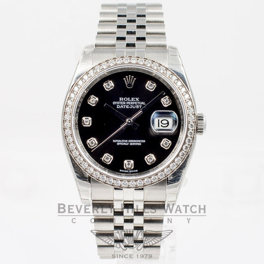 Rolex Datejust 36mm Stainless Steel Case Jubilee Bracelet Diamond Bezel Black Diamond Dial Watch 116244 Beverly Hills Watch Company Watch Store
