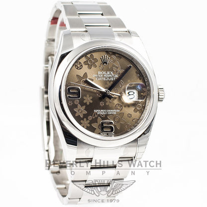 Rolex Datejust 36mm Stainless Steel Smooth Bezel Oyster Bracelet Bronze Floral Motif Dial Watch 116200 Beverly Hills Watch Company