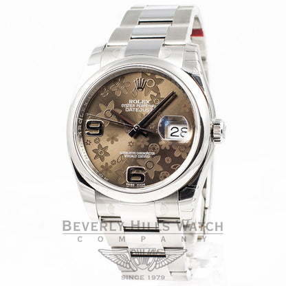 Rolex Datejust 36mm Stainless Steel Smooth Bezel Oyster Bracelet Bronze Floral Motif Dial Watch 116200 Beverly Hills Watch Company