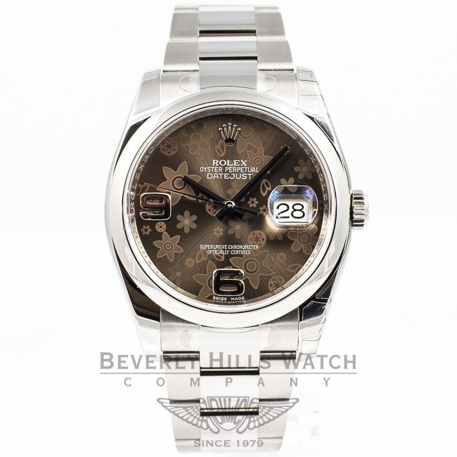 Rolex Datejust 36mm Stainless Steel Smooth Bezel Oyster Bracelet Bronze Floral Motif Dial Watch 116200 Beverly Hills Watch Company