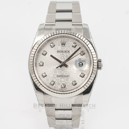 Rolex Datejust 36mm Stainless Steel Oyster Bracelet White Gold Fluted Bezel Silver Jubilee Diamond Dial Watch 116234 Beverly Hills Watch Company Watches