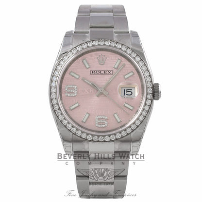 Rolex Datejust 36mm Stainless Steel Pink Wave Diamond Dial Diamond Bezel 116244 Y8T803 - Beverly Hills Watch Company Watch Store