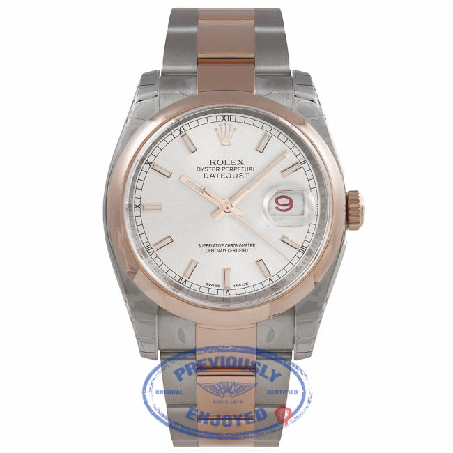 Rolex Datejust 36MM Stainless Steel 18k Rose Gold Domed Bezel Silver Dial Index Markers 116201 ZV5M20 - Beverly Hills Watch Company Watch Store