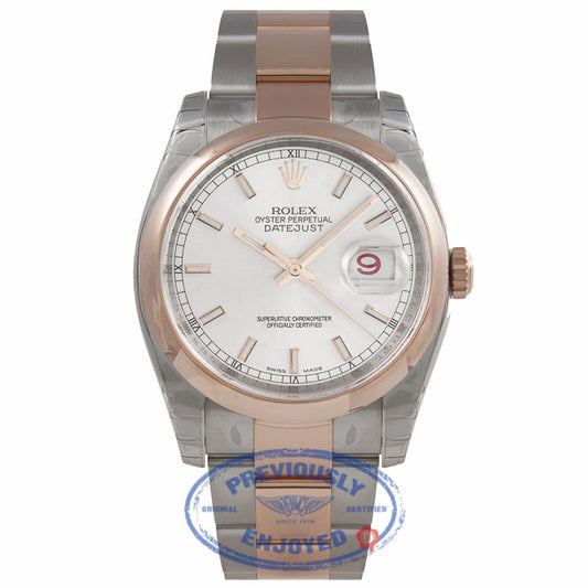 Rolex Datejust 36MM Stainless Steel 18k Rose Gold Domed Bezel Silver Dial Index Markers 116201 ZV5M20 - Beverly Hills Watch Company Watch Store