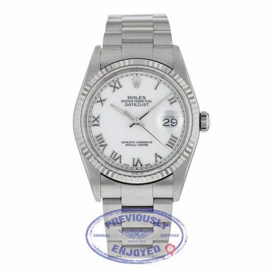 Rolex Datejust 36mm Stainless Steel White Dial Silver Roman Numerals 18k White Gold Fluted Bezel Oyster Bracelet 16234 4V6A77 - Beverly Hills Watch