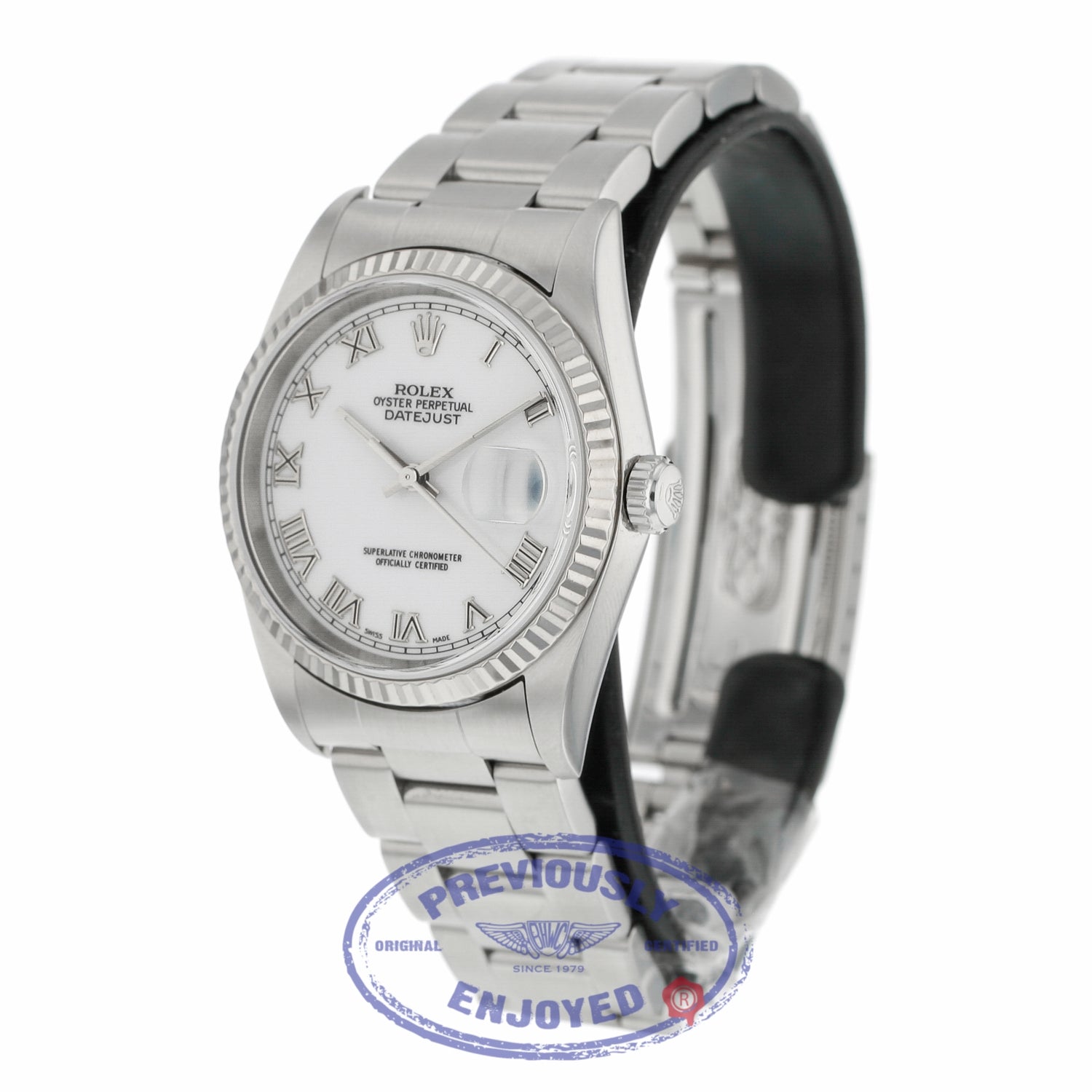 Rolex Datejust 36mm Stainless Steel White Dial Silver Roman Numerals 18k White Gold Fluted Bezel Oyster Bracelet 16234 4V6A77 - Beverly Hills Watch
