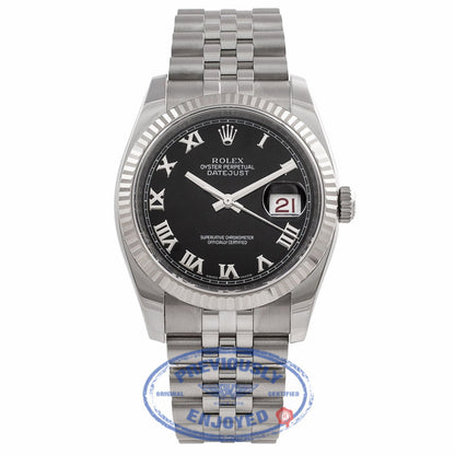Rolex Datejust 36MM Black Roman Dial Jubilee Bracelet 18k White Gold Fluted Bezel 116234 C84YNP - Beverly Hills Watch Company Watch Store