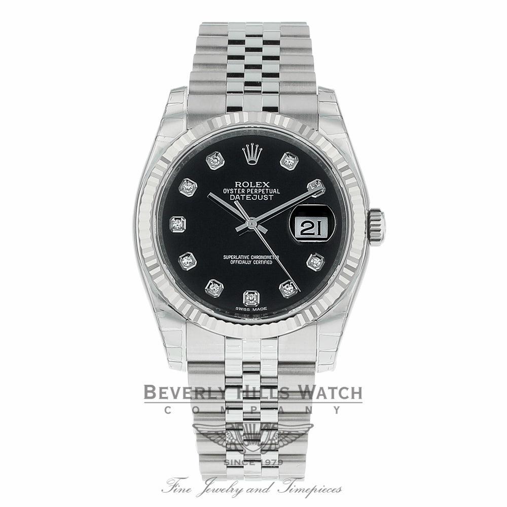 Rolex Datejust 36mm Stainless Steel White Gold Fluted Bezel Black Diamond Dial 116234 YEXHPV - Beverly Hills Watch Company