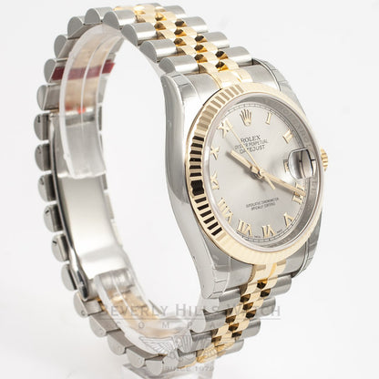 Rolex Datejust 36mm Stainless Steel and Yellow Gold Jubilee Bracelet Rhodium Roman Numeral Dial Fluted Bezel Watch 116233 Beverly Hills Watch Company Watch Store