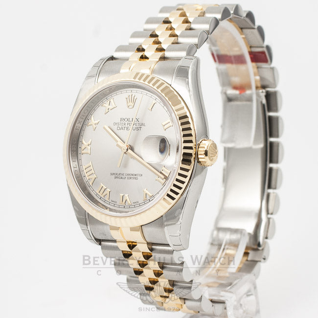 Rolex Datejust 36mm Stainless Steel and Yellow Gold Jubilee Bracelet Rhodium Roman Numeral Dial Fluted Bezel Watch 116233 Beverly Hills Watch Company Watch Store
