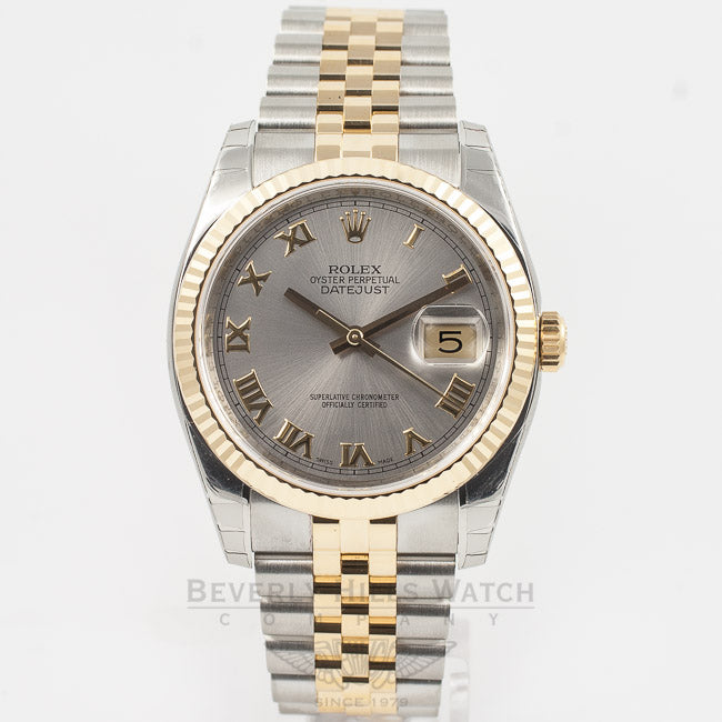 Rolex Datejust 36mm Stainless Steel and Yellow Gold Jubilee Bracelet Rhodium Roman Numeral Dial Fluted Bezel Watch 116233 Beverly Hills Watch Company Watch Store