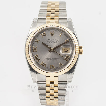 Rolex Datejust 36mm Stainless Steel and Yellow Gold Jubilee Bracelet Rhodium Roman Numeral Dial Fluted Bezel Watch 116233 Beverly Hills Watch Company Watch Store