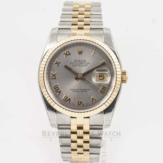 Rolex Datejust 36mm Stainless Steel and Yellow Gold Jubilee Bracelet Rhodium Roman Numeral Dial Fluted Bezel Watch 116233 Beverly Hills Watch Company Watch Store
