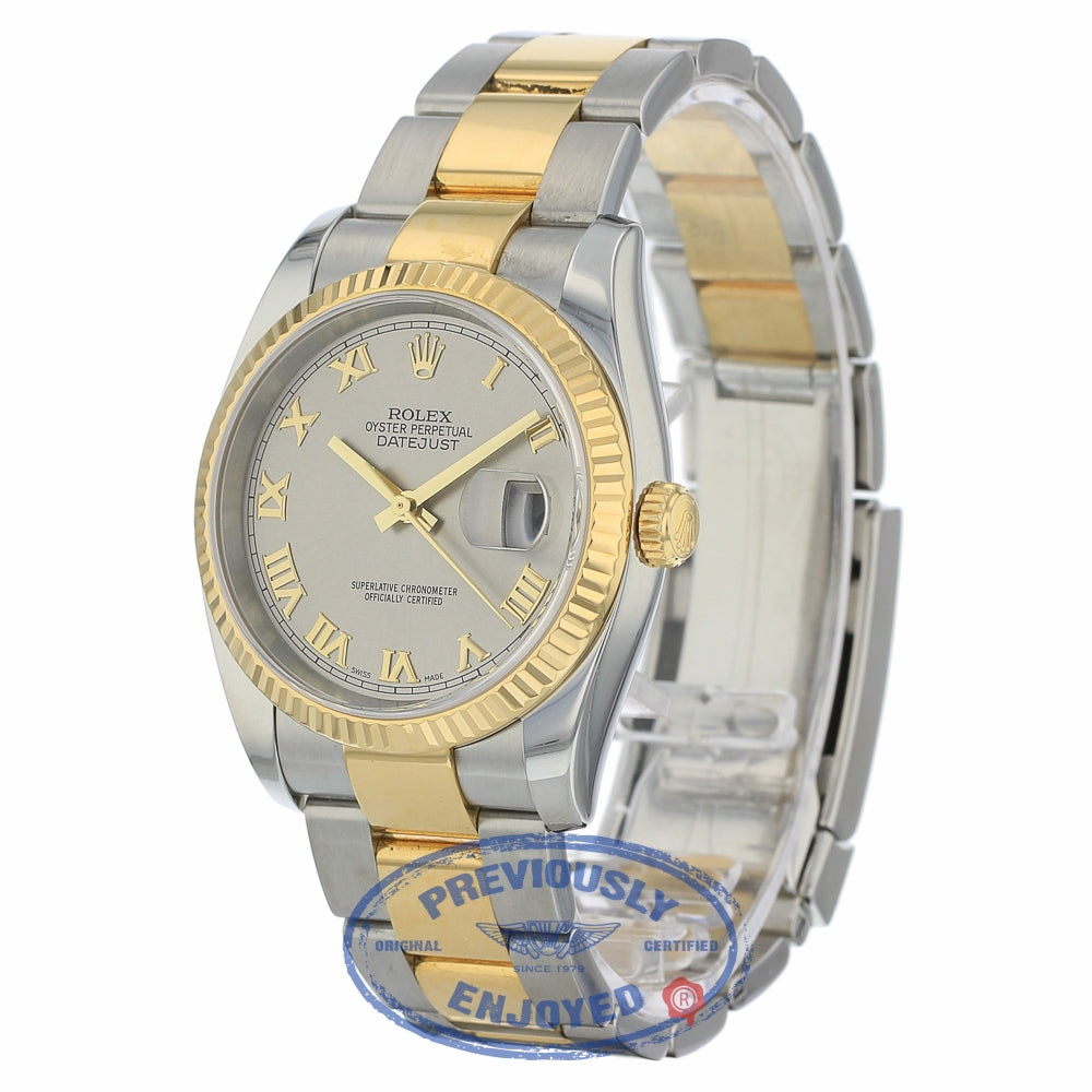 Rolex Datejust 36mm Stainless Steel and Yellow Gold Oyster Bracelet Rhodium Roman Numeral Dial Fluted Bezel 116233 YFKZE9 - Beverly Hills Watch Company