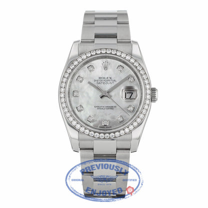 Rolex Datejust 36mm Stainless Steel Oyster Bracelet Mother of Pearl Diamond Dial Diamond Bezel 116244 - Beverly Hills Watch
