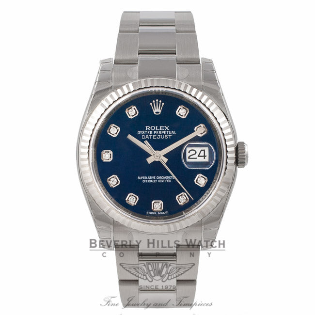 Rolex Datejust 36mm Stainless Steel White Gold Fluted Bezel Blue Diamond - Beverly Hills Watch Store